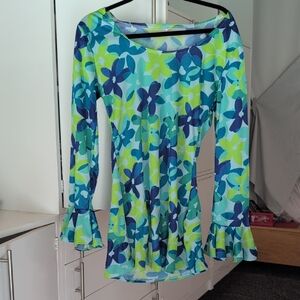 Green and Blue Bell Sleeve Ruffled Blouse